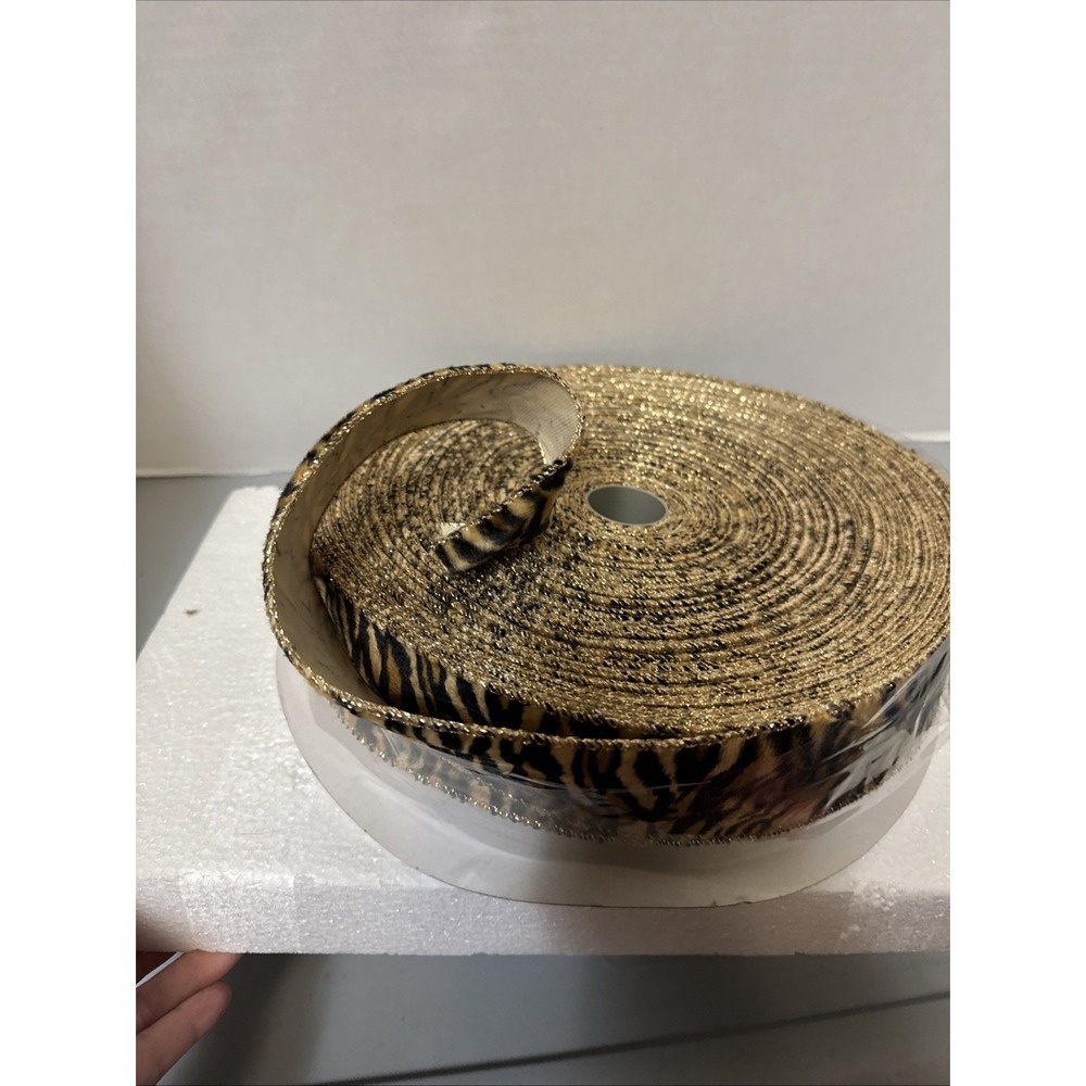 Gold Metallic Tiger Print Faux Fur Decorative Ribbon 2 Inch Wide Craft Spool - Picture 5 of 11
